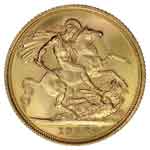 Sovereign Goldmünzen aus Großbritannien Rückseite. Die Münze Sovereign ist sehr Auflagenstark. Der Münzpreis der Anlagemünze ist vergleichsweise gering.